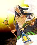  1boy abs book dark_skin feathered_wings hair_ornament highres jewelry kamigami_no_asobi navel necklace orange_eyes shirtless solo staff tattoo thoth_caduceus tiara veil white_hair wings 