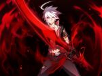  &gt;:| 1boy ahoge alternate_eye_color alternate_hair_color belt blade blazblue blazblue:_bloodedge_experience blazblue:_central_fiction blood highres male_focus naoto_kurogane red_eyes torn_clothes weapon white_hair 