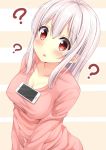  1girl ? blush breasts cellphone cleavage collarbone covered_nipples eyebrows eyebrows_visible_through_hair groin karutamo long_hair looking_at_viewer looking_up medium_breasts medium_hair no_bra object_on_breast open_mouth original phone pink_sweater red_eyes shiny shiny_skin smartphone solo sweater tawawa_challenge tisshu_(karutamo) upper_body v_arms white_hair 