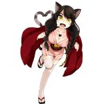  1girl animal_ears bell braid breasts cat_ears cat_tail cleavage full_body highres japanese_clothes jingle_bell long_hair long_sleeves looking_at_viewer multiple_tails nekomata_(youkai_hyakki-tan!) obi official_art open_mouth sandals sash simple_background solo tail tattoo thigh-highs toeless_legwear twin_braids white_background yellow_eyes youkai_hyakki-tan! 
