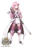  1girl armor artist_name boots brave_girl_ravens breastplate company_connection copyright_name full_body gauntlets hair_ornament highres holding holding_weapon knee_boots long_hair looking_at_viewer pink_eyes pink_hair pleated_skirt simple_background skirt smile solo sword thigh-highs weapon white_background 