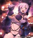  1girl animal_ears artist_name black_panties blush bow breasts elbow_gloves eyebrows eyebrows_visible_through_hair fang fate/grand_order fate_(series) fur fur_trim gloves jack-o&#039;-lantern jewelry lace large_breasts looking_at_viewer navel o-ring open_mouth panties patreon paw_pose paws purple_gloves purple_hair red_bow redcomet revealing_clothes shielder_(fate/grand_order) short_hair skin_tight solo sparkle strap_gap tail under_boob underwear violet_eyes watermark web_address wolf_ears wolf_tail 
