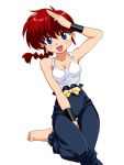  1girl barefoot between_legs black_pants blue_eyes blush bracer braid breasts cleavage dutch_angle hand_between_legs hawawani long_hair looking_at_viewer medium_breasts open_mouth pants ranma-chan ranma_1/2 redhead salute shirt simple_background single_braid smile solo standing tank_top white_background white_shirt 