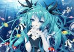 1girl air_bubble aqua_hair black_dress black_nails blue_eyes breasts cleavage die_ying dress eyes_visible_through_hair fish hair_ribbon hands_together hatsune_miku interlocked_fingers light nail_polish ribbon solo twintails underwater upper_body vocaloid 