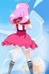  1girl from_behind green_ribbon ha-chan_(mahou_girls_precure!) hairband hanami_kotoha haruyama_kazunori ice long_hair mahou_girls_precure! mofurun_(mahou_girls_precure!) pink_hair pink_skirt precure ribbon skirt socks standing 
