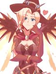  1girl alternate_costume blonde_hair blue_eyes breasts cleavage earrings hat heart highres jack-o&#039;-lantern_earrings jewelry looking_at_viewer mechanical_wings mercy_(overwatch) overwatch sally_(luna-arts) smile solo upper_body wings witch_hat witch_mercy 