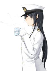  1girl black_hair blowing breasts coffee_mug cup epaulettes female_admiral_(kantai_collection) from_side gloves hat highres holding holding_cup jacket kantai_collection large_breasts long_hair military military_hat military_uniform mug niwatazumi peaked_cap profile red_eyes shadow sidelocks sketch solo steam tatebayashi_sakurako uniform white_background white_gloves white_jacket 