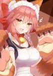  1girl animal_ears apron bell bell_collar blush breasts cleavage collar fang fate/grand_order fate_(series) fox_ears hair_ribbon headdress heart highres kanase_(mcbrwn18) large_breasts long_hair looking_at_viewer maid maid_apron open_mouth pink_hair ribbon solo tamamo_(fate)_(all) tamamo_cat_(fate) yellow_eyes 