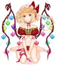  1girl alternate_costume arm_ribbon bare_shoulders barefoot blonde_hair bow bow_panties choker collarbone crystal flandre_scarlet frilled_panties frills full_body gotoh510 grin hair_ribbon hat hat_bow head_tilt heart highres looking_at_viewer mob_cap navel panties pink_ribbon pointy_ears puffy_short_sleeves puffy_sleeves red_bow red_eyes red_panties ribbon ribbon_choker short_hair short_sleeves side_ponytail sitting smile solo stomach strapless thigh_ribbon touhou tubetop underwear v_arms wariza white_background wings 