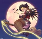  1girl alternate_costume breasts broom carmessi cleavage hat highres mercy_(overwatch) night night_sky overwatch sky solo thigh-highs witch_hat witch_mercy 