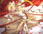  1girl ahoge armpits belt blonde_hair breasts cleavage eyebrows eyebrows_visible_through_hair fate/extra fate/extra_ccc fate/grand_order fate_(series) genjung green_eyes highres kneeling lock looking_at_viewer padlock red_ribbon ribbon saber_bride saber_extra short_hair solo veil zipper 