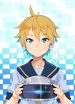  1boy blonde_hair blue_eyes checkered checkered_background cowlick eyebrows eyebrows_visible_through_hair gradient gradient_background hair_between_eyes headphones holding kagamine_len looking_at_viewer sagami_hako smile solo upper_body virtual_reality vocaloid vr_visor 