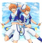  2boys alternate_costume aoi_kyousuke aoi_yuusuke back-to-back brothers clenched_hand clouds glasses grin hat headset idolmaster idolmaster_side-m leg_up looking_at_viewer male_focus multiple_boys navel orange_eyes orange_hair sailor sailor_collar sailor_hat sailor_shirt shirt shorts siblings smile string_of_flags striped striped_shirt stuffed_animal stuffed_seagull stuffed_toy twins uzuki_(sxk_uxk) w_(idolmaster) wrist_cuffs 
