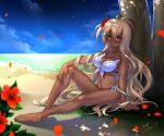  1girl ahoge arm_support bare_legs barefoot beach bikini blush breasts cleavage clouds cloudy_sky dark_skin flower full_body granblue_fantasy grass hair_flower hair_ornament hibiscus lens_flare lips long_hair medium_breasts midriff ocean outdoors parted_lips petals sitting sky sunlight sweat swimsuit the_order_grande thighs toes tree under_tree white_bikini white_hair yuitanpo 