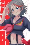  1girl arm_up black_hair blue_eyes breasts commentary_request cosplay gakuto_96 gloves hand_on_hip highres kill_la_kill looking_at_viewer love_live! love_live!_sunshine!! matoi_ryuuko matoi_ryuuko_(cosplay) midriff multicolored_hair navel out_of_frame red_gloves redhead salute short_hair single_glove smile solo streaked_hair suspenders upper_body watanabe_you 