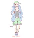  1girl alternate_costume alternate_hairstyle bandaid bandaid_on_face baseball_cap blue_eyes blue_hair character_name coat commentary contemporary hair_bobbles hair_ornament hand_gesture hand_in_pocket hat highres jewelry kawashiro_nitori key mouth_hold necklace ring short_hair shorts side_ponytail sideways_hat simple_background sketch solo tank_top touhou white_background winter_clothes winter_coat yoruny 