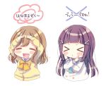  &gt;_&lt; 2girls :d ^_^ bangs black_hair blunt_bangs blush_stickers bow bowtie brown_hair closed_eyes commentary cropped_torso double-breasted hair_ribbon highres hina_(hinalovesugita) kunikida_hanamaru kurosawa_dia long_hair long_sleeves love_live! love_live!_sunshine!! multiple_girls neckerchief o_arms open_mouth pout ribbon school_uniform serafuku smile translation_request x_arms yellow_bow yellow_bowtie 