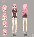 1girl blush character_name character_sheet crying expressions full_body highres long_hair looking_at_viewer muite multiple_views original pink_hair red_eyes shoes simple_background sketch smile solo turnaround 
