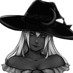 1girl :p bare_shoulders black borrowed_character breasts cheshirecat-syndrome cleavage collarbone crescent dress hair_between_eyes hat head_tilt highres long_hair looking_at_viewer monochrome off-shoulder_dress off_shoulder original portrait simple_background solo star tongue tongue_out upper_body white_background witch_hat 