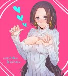  1girl black_hair blush boa_hancock breasts cleavage earrings heart jewelry long_hair nashimo_(artist) one_piece open-chest_sweater pink_background ribbed_sweater solo sweater translation_request 