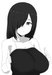  1girl bare_shoulders breasts hair_over_one_eye huge_breasts long_hair monochrome nao_(ritsancrossover) original pointing simple_background smile solo white_background 