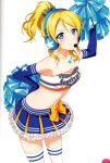  1girl absurdres artist_request ayase_eli bare_shoulders blonde_hair blue_eyes blue_gloves blush breasts cheerleader cleavage elbow_gloves finger_to_cheek gloves hand_on_hip headset highres long_hair looking_at_viewer love_live! love_live!_school_idol_project microphone midriff pom_poms ponytail ribbon scan skirt solo star strapless takaramonozu thigh-highs tubetop white_legwear zettai_ryouiki 