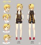  1girl blonde_hair blush character_name character_sheet expressions full_body highres jacket muite multiple_views official_art original shoes side_ponytail simple_background sketch smile turnaround yellow_eyes 