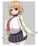  1girl absurdres breasts brown_eyes brown_hair gloves highres huge_breasts looking_at_viewer narusawa_ryouka occultic;nine plaid plaid_skirt sawati short_hair skirt smile solo thigh-highs thighs white_gloves white_legwear 