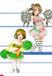  2girls absurdres artist_request bare_shoulders blush brown_hair cheerleader elbow_gloves gloves headset highres koizumi_hanayo looking_at_viewer love_live! love_live!_school_idol_festival love_live!_school_idol_project midriff minami_kotori multiple_girls pom_poms scan shirt simple_background skirt smile star strapless striped striped_legwear takaramonozu thigh-highs violet_eyes zettai_ryouiki 