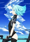  1girl bicycle bird blue_eyes blue_hair bottomless clouds cowboy_shot fingerless_gloves flat_chest from_side gloves ground_vehicle highres ocean original parted_lips pokepen profile short_hair short_sleeves sky solo thigh-highs wind 