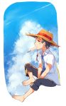  1boy barefoot blue_eyes blue_hair clouds cloudy_sky dripping full_body hat male_focus open_clothes open_shirt original popsicle profile sagami_hako shirt sitting sky straw_hat 