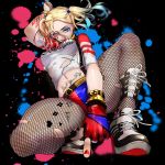  1girl absurdres adkr57 belt blonde_hair blue_eyes bracelet dolphin fingerless_gloves fishnet_legwear fishnets gloves grin harley_quinn highres jewelry lipstick makeup midriff multicolored_hair nail_polish pointing red_nails shoes smile sneakers solo suicide_squad torn_clothes 