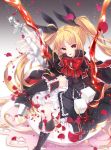  1girl black_boots black_ribbon blazblue blonde_hair boots bow bowtie copyright_name eyebrows eyebrows_visible_through_hair gothic_lolita hair_ribbon highres knee_boots lolita_fashion long_hair looking_at_viewer rachel_alucard red_bow red_eyes red_ribbon ribbon solo takamiya_ren tongue tongue_out twintails very_long_hair 
