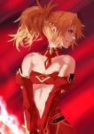  1girl bare_shoulders blonde_hair breasts detached_collar detached_sleeves fate/apocrypha fate/grand_order fate_(series) green_eyes kwi_(kawaiin) looking_to_the_side ponytail red_background saber_of_red sketch small_breasts smirk solo v_arms 