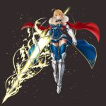 1girl absurdres ahoge artoria_pendragon_lancer_(fate/grand_order) ass_visible_through_thighs blonde_hair blue_legwear breasts cape cleavage fate/grand_order fate_(series) fur_trim gauntlets greaves green_eyes highres holding holding_weapon large_breasts looking_at_viewer mhg_(hellma) saber solo thigh-highs thighs type-moon weapon 
