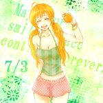  1girl ahoge alternate_hairstyle bracelet breasts cleavage closed_eyes jewelry nami_(one_piece) nashimo_(artist) one_piece polka_dot polka_dot_shorts shorts solo twintails |d 