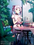  1girl black_legwear bow cake chair choker copyright_name cup cupcake enmr39_(anonyma) flower food hair_bow holding holding_cup indoors looking_at_viewer luck_&amp;_logic nina_(luck_&amp;_logic) official_art plant sitting smile socks solo table tagme teacup teapot twintails white_hair 