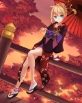  1girl anklet aqua_eyes blonde_hair bracelet dutch_angle hair_ornament hair_up hairpin highres japanese_clothes jewelry kagamine_rin looking_at_viewer oriental_umbrella sandals sitting solo sunset tabi tree umbrella vocaloid 