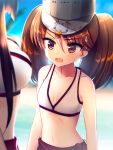  2girls alternate_costume arms_at_sides bangs beach blunt_bangs breast_envy breasts brown_eyes brown_hair cleavage fang hair_between_eyes height_difference kantai_collection large_breasts long_hair looking_at_another looking_at_breasts meaomao midriff multiple_girls navel open_mouth ryuujou_(kantai_collection) sidelocks small_breasts tongue twintails upper_body visor_cap water yamato_(kantai_collection) 