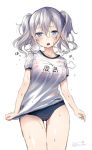  1girl alternate_costume bangs blue_eyes blush bra breasts buruma gym_uniform haruno_suzune heavy_breathing kantai_collection kashima_(kantai_collection) large_breasts long_hair looking_at_viewer name_tag open_mouth pink_bra see-through shirt short_sleeves sidelocks signature silver_hair simple_background solo standing tsurime twintails underwear wavy_hair wet wet_clothes wet_shirt white_background 