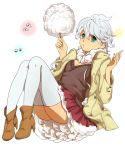  boots breasts character_request cleavage cotton_candy full_body green_eyes high_heels holding jacket long_sleeves open_clothes open_jacket short_hair skirt thigh-highs white_background white_legwear youkai_hyakki-tan! 