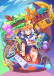  1boy barefoot blonde_hair blue_eyes blush castle claws clouds controller cube full_moon game_boy_color game_controller grin handheld_game_console headphones highres kagamine_len male_focus monster moon playstation_portable potion sagami_hako scroll shield smile staff vocaloid wii_remote 