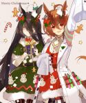  2girls agnes_tachyon_(umamusume) ahoge aiha-deko animal_ears arm_up bangs belt black_hair bow breasts brown_hair candy candy_cane christmas_tree collared_shirt commentary_request dress earrings food gift gingerbread_man green_dress hair_bow holding holding_gift horse_ears horse_girl horse_tail jewelry labcoat long_hair looking_at_viewer manhattan_cafe_(umamusume) medium_breasts merry_christmas multicolored_hair multiple_girls necktie red_dress red_eyes shirt short_necktie single_earring sleeves_past_fingers sleeves_past_wrists smile star_(symbol) streaked_hair tail test_tube umamusume white_necktie white_shirt 