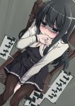  1girl asashio_(kantai_collection) between_legs black_eyes black_hair blush commentary_request covering_mouth from_above hanauna hand_between_legs highres kantai_collection knees_together_feet_apart long_hair long_sleeves pantyhose remodel_(kantai_collection) school_uniform sitting solo trembling 