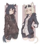  2girls animal_ears bike_shorts black_gloves black_hair black_shirt black_shorts blonde_hair blue_jacket blue_shorts brown_scarf camouflage camouflage_hoodie camouflage_shorts cat_ears cat_girl cat_tail deel_(rkeg) denim denim_shorts dress_shirt ear_piercing fingerless_gloves frown gloves hands_in_pockets hood hoodie jacket multiple_girls open_clothes open_jacket original piercing red_eyes scarf shirt short_hair shorts sleeve_cuffs smile sunglasses sunglasses_on_head tail undershirt white_shirt wristband yellow_eyes 