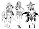  3girls arm_up armor armpits bare_shoulders belt centaur cowter dagger elf endou_okito garter_straps gauntlets glasses greyscale hat helmet highres lance monochrome multiple_girls navel pauldrons pointy_ears polearm shield standing sword thigh-highs weapon wings witch witch_hat 