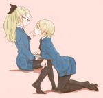  2girls assam blonde_hair blue_sweater crossed_legs darjeeling girls_und_panzer glasses kneeling multiple_girls necktie pink_background sweater tom_sawyer yuri 