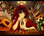  1girl arizuka_(catacombe) brown_hair candy eating fisheye halloween hat highres original pumpkin red_eyes red_hat room short_hair witch 