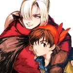  2boys bandana blue_eyes brown_gloves brown_hair center_part dragon_quest dragon_quest_viii gloves hair_over_one_eye hero_(dq8) hug kukuru_(dq8) looking_at_viewer looking_to_the_side multiple_boys ponytail simple_background smile upper_body white_background white_hair zakki 