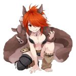  animal_ears breasts chain character_request earrings fang full_body fur_trim grin jewelry large_breasts looking_at_viewer navel necklace official_art pelt red_eyes redhead simple_background single_thighhigh smile squatting thigh-highs white_background youkai_hyakki-tan! 